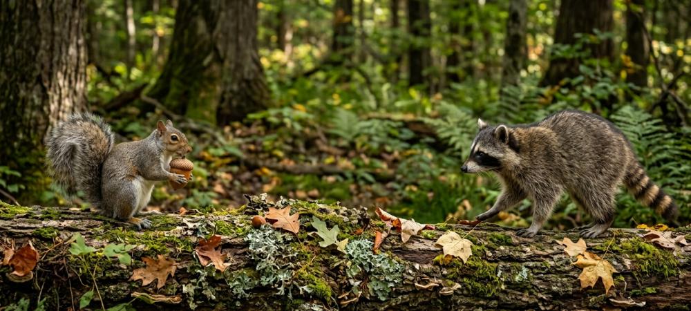 a raccoon and a squirrel in a forest